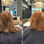 before and after of a dramatic ginger colour correction in manchester hair dressers