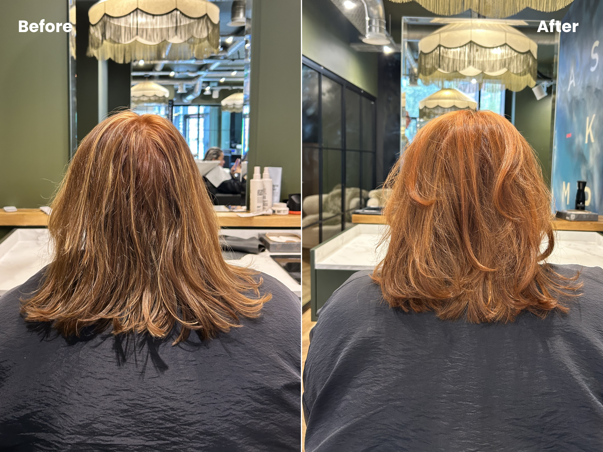 before and after of a dramatic ginger colour correction in manchester hair dressers