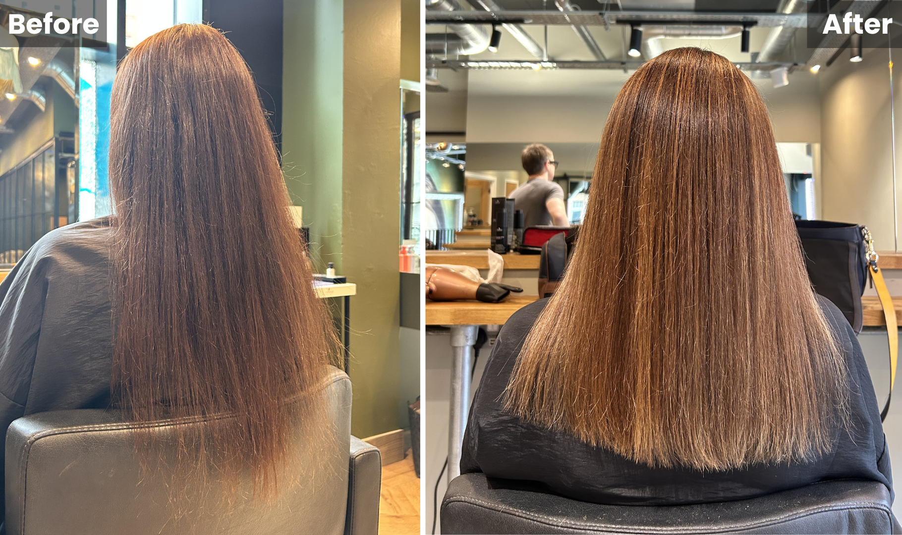 Stylist applying keratin smoothing product to long brown hair in a salon