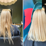before and after of a keratin smoothing treatment on a blonde lady in manchester salon
