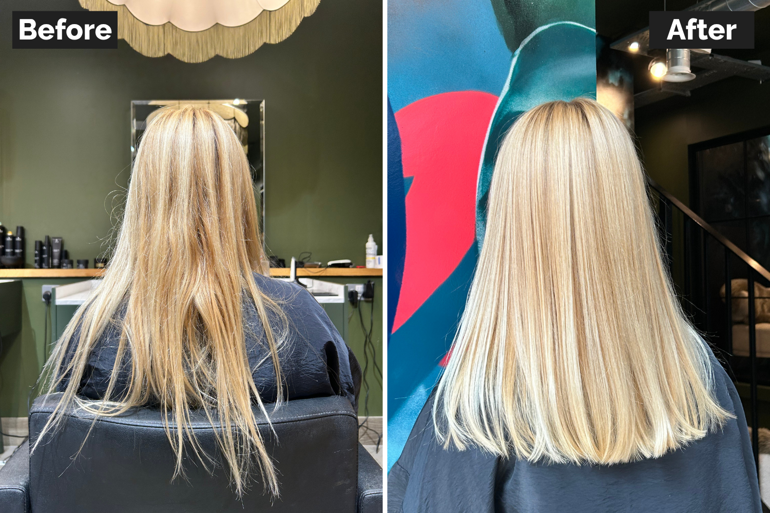 Before and after of a womans blonde just below shoulder length colour at David Rozmans salon