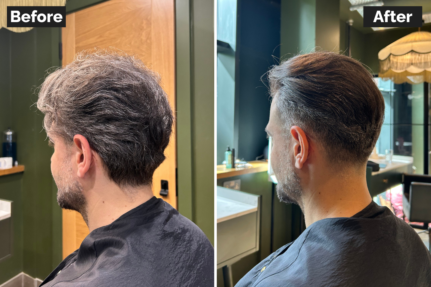 Stylist applying grey blending colour through fine hair at a Manchester salon