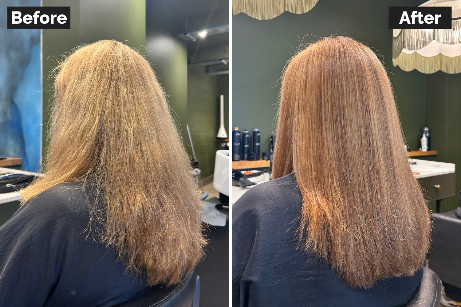 Before and after of long, dry, frizzy dark-blonde hair smoothed into straight, glossy light brown hair