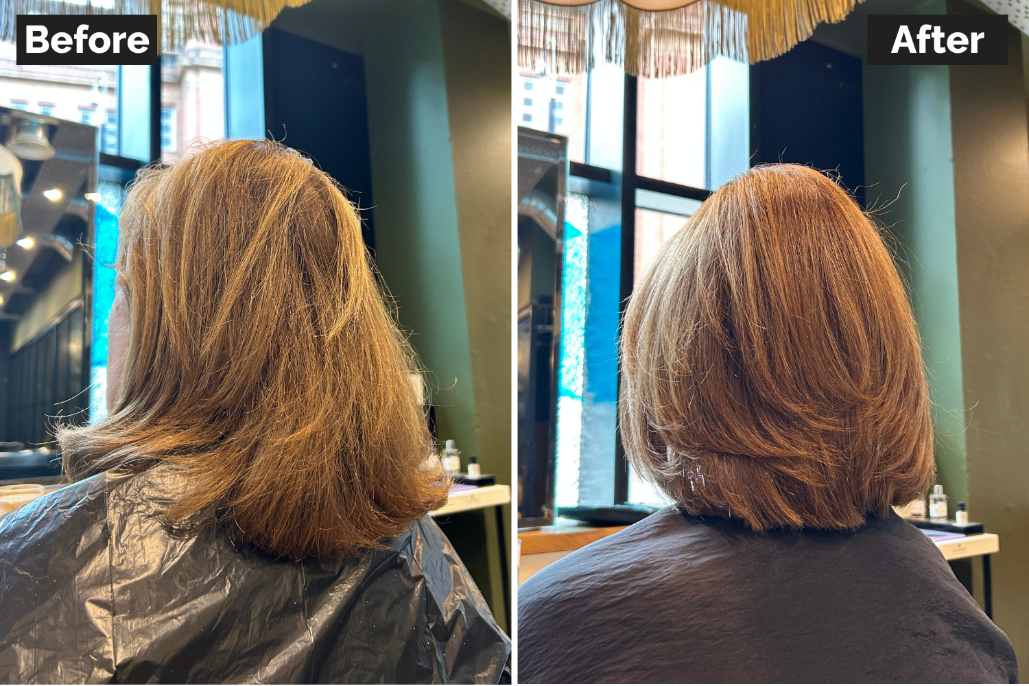 Before and after of a womans bob at David Rozmans salon