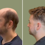 Before and after of an application of a fine lace hair system base with hand-knotted hair strands