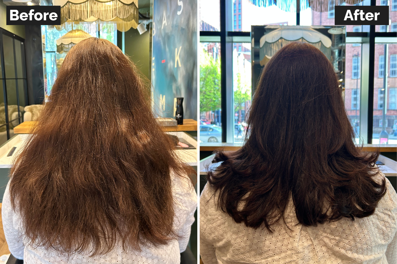 Client before and after having hair blow dried, cut and dyed black