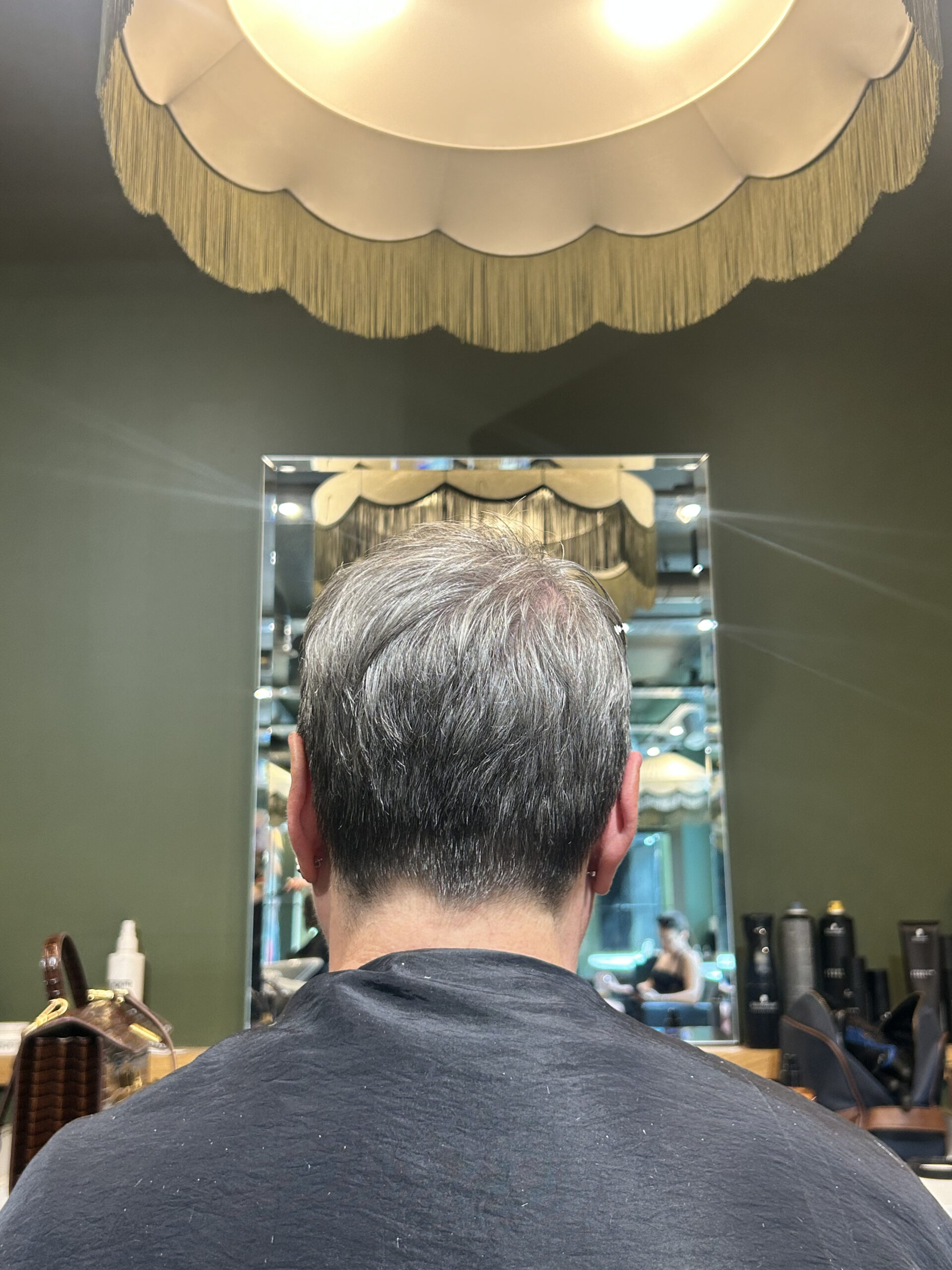 Fine hair after grey blending showing softer parting and added dimension